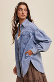 Heart Detail Oversized Denim Shirt: Indigo / L