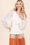 MIXED MEDIA TEXTURED KNIT CHIFFON LONG SLEEVE TOP: IVORY / S