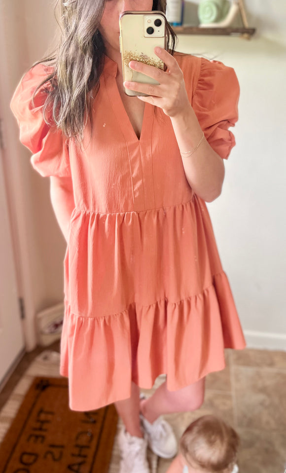 Rust puff sleeve dress