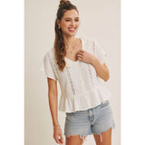 NATURALLY AIRY FEEL COTTON GAUZE LACE TRIM BABYDOLL BLOUSE: PEARL / L