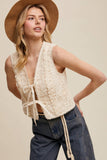 Embroidered Lace Tie-Front Vest: Deep Green / L