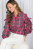 Bow Accent Puff Sleeve Collared Neck Plaid Shirt VT82811C: Hunter green / L