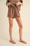 BUTTON UP BOXY SHIRT AND SHORTS SET MPST3891: BROWNIE / L