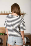 STRIPE SHORT SLEEVE BOXY HENLEY KNIT TOP-backorder: MOCHA