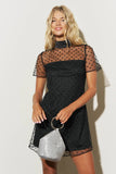 BEADED TULLE MESH SHORT SLEEVE BACK TIE MINI DRESS: BLACK