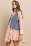 VINTAGE FLORAL EMBROIDERED STRUCTURED DENIM VEST 6318JID: DENIM/ROSE / L