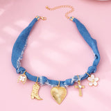 Western Denim Cowboy Boot & Cross Charm Necklace | 80N92859: Gold