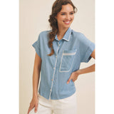 WASHED CHAMBRAY BUTTON-DOWN SHIRT WITH STITCHING: WASHED DENIM / S