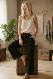 Relaxed Wide Leg Lightweight Drawstring Knit Pants: BLACK / L