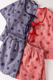 NT12482SET-Floral Embroidery Woven Top & Shorts Set: NAVY / S-M-L/2-2-2