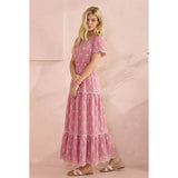 Smocked Waist Maxi Dress with White Floral Embroidery: Pink / L