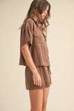 BUTTON UP BOXY SHIRT AND SHORTS SET MPST3891: BROWNIE / L
