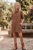 Polka Dot Denim Shirt Dress: BROWN / L