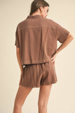 BUTTON UP BOXY SHIRT AND SHORTS SET MPST3891: BROWNIE / L