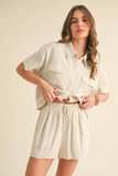 BUTTON UP BOXY SHIRT AND SHORTS SET MPST3891: BROWNIE / L