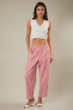 ELASTIC WAIST BAND GINGHAM PRINTED BARREL FIT TWILL PANTS: CREAM-RED GINGHAM / L