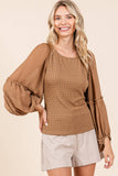 MIXED MEDIA TEXTURED KNIT CHIFFON LONG SLEEVE TOP: IVORY / S