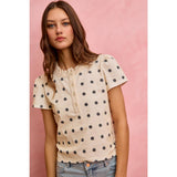 POLK-A-DOT KNIT LACE TRIM ON NECKLINE SHORT TOP: OFF WHITE/BLACK / L