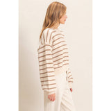 Striped Ribbed Crew Neck Sweater: CAMEL / S-M-L(2-2-2)