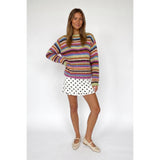 TF26-0089 - Multi stripe boat neck sweater : CHERRY/SKY / S-M-L(3-2-1)