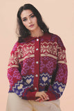 12W3468N-Oversized Button Down Graphic Knit Sweater Top: BLUE / S-M-L/2-2-2