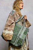 Quilted Striped Binding Roomy Fit Green Tote Bag : GREEN MULTI / One Size