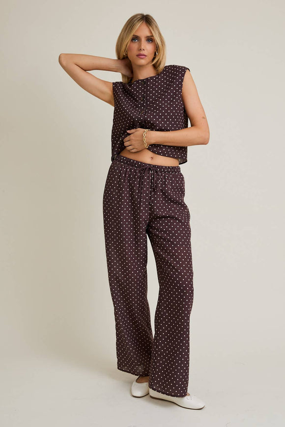 WAIST TIE DOT PANTS: BROWN-IVORY DOT / S