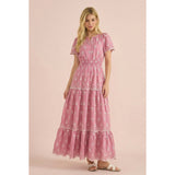 Smocked Waist Maxi Dress with White Floral Embroidery: Pink / L