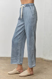 Drawstring Waist Wide Leg Denim Pants: DENIM / L