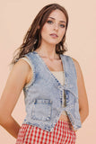 VJT80005-VERY JEAN Acid Washed Denim Front Tie Vest: INDIGO / S-M-L/2-2-2