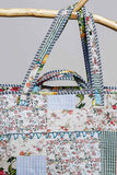 Blue-Bound Artisanal Illusion Patchwork Shopper Bag: IVORY/BLUE / Os