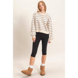 Striped Ribbed Crew Neck Sweater: CAMEL / S-M-L(2-2-2)