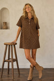 Polka Dot Denim Shirt Dress: BROWN / L
