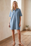 Polka Dot Denim Shirt Dress: BROWN / L