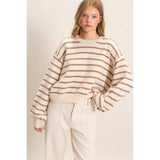 Striped Ribbed Crew Neck Sweater: CAMEL / S-M-L(2-2-2)