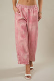 ELASTIC WAIST BAND GINGHAM PRINTED BARREL FIT TWILL PANTS: CREAM-RED GINGHAM / L