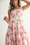 CD10679J FLORAL LACE-TRIM TIERED DRESS: FUCHSIA MULTI / S-M-L (3-2-1)