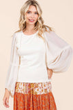 MIXED MEDIA TEXTURED KNIT CHIFFON LONG SLEEVE TOP: IVORY / S