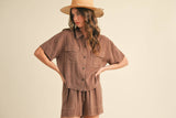 BUTTON UP BOXY SHIRT AND SHORTS SET MPST3891: BROWNIE / L