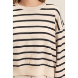 Striped Ribbed Crew Neck Sweater: CAMEL / S-M-L(2-2-2)