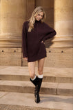 CABLE KNIT MOCK NECK MINI SWEATER DRESS: CHOCOLATE BROWN