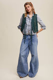 Embroidered Lace Tie-Front Vest: Deep Green / L