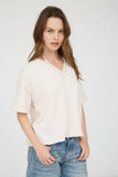 CONTRAST STITCH DROP SHOULDER CUFF SLEEVE KNIT TOP : CREAM