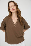 CONTRAST STITCH DROP SHOULDER CUFF SLEEVE KNIT TOP : CREAM