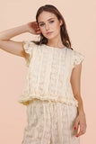 NT12510-Shoulder Ruffle Detail Lace Top: TAUPE / S-M-L/2-2-2