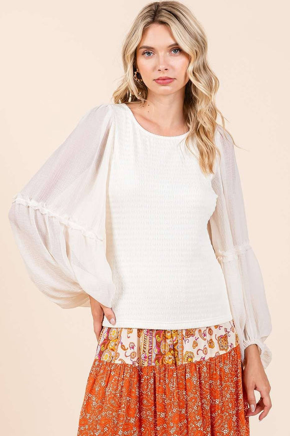 MIXED MEDIA TEXTURED KNIT CHIFFON LONG SLEEVE TOP: IVORY / S