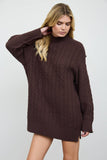 CABLE KNIT MOCK NECK MINI SWEATER DRESS: CHOCOLATE BROWN