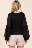 MIXED MEDIA TEXTURED KNIT CHIFFON LONG SLEEVE TOP: IVORY / S