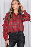 Bow Accent Puff Sleeve Collared Neck Plaid Shirt VT82811C: Hunter green / L