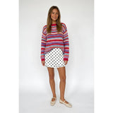 TF26-0089 - Multi stripe boat neck sweater : CHERRY/SKY / S-M-L(3-2-1)